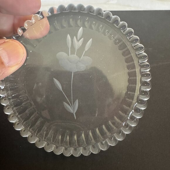 Etched Floral Clear Glass Trim Rim Paperweight Coaster Office Desk Home Decor - Picture 2 of 12